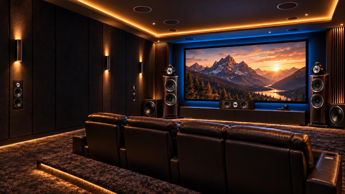 Dedicated home theater with recliners, tower speakers and ambient lighting