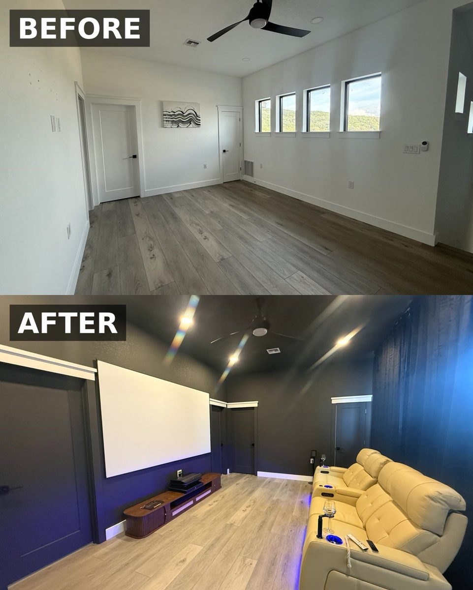 Before and after: empty room transformed into a home theater with projector screen and recliners
